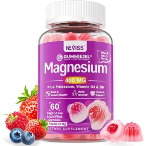Sugar-Free Magnesium Zinc & Vitamin D3 Filled Gummies 400mg | Absorbable Magnesium: Taurate, Glycinate, Malate, Citrate & Chloride | w/Potassium Citrate & B6 25mg | Muscle Recovery, Energy, Mood,60Cts