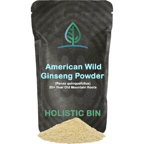 Holistic Bin Wild American Ginseng Powder Pure Organic Ginseng Supplement Made with Wild Harvested 20+ Year Old Roots from Appalachia (Panax Quinquefolius) | No Fillers or Additives (25 Grams)