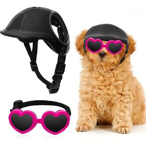 Dog Helmet and Goggles Set for Small Breed, UV Protection Pet Sunglasses and Safety Motorcycle Helmet Hats, Adjustable Belt with Ear Hole for Doggies Puppy Hiking, Motorcycling, Biking, Riding(Pink,S)