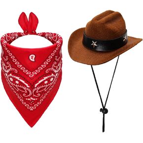 Fumwase Pet Cowboy Costume Halloween Costumes for Dogs Cat Puppy Hats with Bandana Scarf Cowboy Costume Accessories Dog Cat for Party Festival and Daily Wearing(Brown hat + Red, Small)