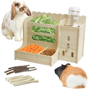 Hamiledyi Guinea Pig Feeder, Rabbit Hay Food Bin Feeder with Water Bottles, Wooden Rabbit Hay Feeder Box Small Animals Hay Manger Wood Hay Feeder for Rabbit Guinea Pig Chinchilla Bunny