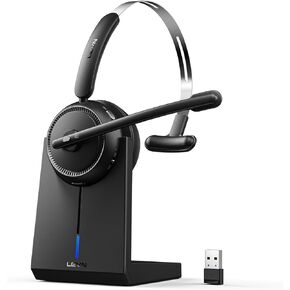 LEVN Wireless Headset, Wireless Headset with Mic for Work(Noise Cancelling), 65 Hours Woktime & Mute Button, Wireless Headset with Charging Base, Suitable for Call Center/Work from Home