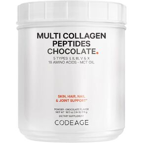 Codeage Multi Collagen Chocolate Protein Powder, Hydrolyzed Collagen Peptides, 5 Collagen Types, Collagen Creamer, Protein Shakes, MCT Oil, Hair, Skin, Nails, Joints, Grass-Fed, Non-GMO - 18.17 oz