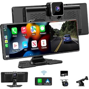 Apple Carplay Screen for Car,10.26" HD Portable Touch Screen Car Stereo Play Car Audio Receivers with Wireless Android Auto,4K Dash Cam/1080P Rear Camera,GPS Navigation,Mirror Link,Bluetooth,FM,Siri