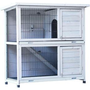 Rabbit Hutch Outdoor, 2-Story Rabbit Cage Indoor with Run, Bunny Cage with 2 Removable No-Leak Trays, Pet Cages with Non-Slip Ramp, Waterproof Roof