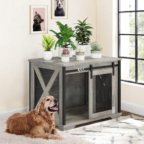 Dog Crate Furniture with Sliding Barn Door,Flip Top Furniture Style Dog Crate End Table with Wheels,Indoor Dog Kennel Furniture with Removable Divider,Dog House,Grey