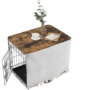 Dog Crate Topper Wood for 24 30 36 42 48 inch Cages, Dog Crate Table Topper Foldable Dog Kennel Topper with Tassel Curtain, Rustic Style Dog Crate Top Rustic Brown(Dog Crate Not Include)