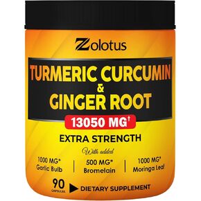 6 in 1 Turmeric Curcumin + Ginger Capsules, 95% Curcuminoids, Equivalent to 13050mg, with Ginger, Garlic Bulb, Bromelain, Moringa, Black Pepper, Joint Inflammatory & Absorption Support