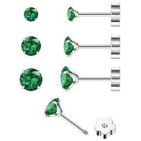 3Pairs CZ Flat Back Earrings for Women Hypoallergenic Silver Screw Back Cubic Zirconia Cartilage Earrings Studs 20G Handmade Nap Earrings for Multiple Piercing Green CZ