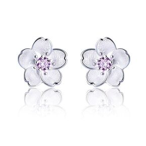 Pink Flower Stud Earrings for Women 925 Sterling Silver Stud Earrings Hypoallergenic Boho Cherry Blossom Flower earrings Silver Flower Stud Earrings (Pink)