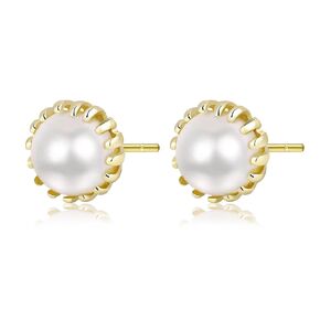 Pearl Earrings for Women, White Round Pearls Stud, Wire Wrap Gold Stud Earrings Jewelry, Handmade Jewelry Gift for Mom Lover Her (14K Gold Plated)