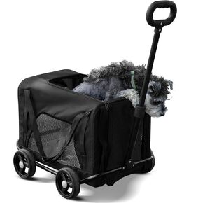 Pet Stroller 4 Wheels - Easy-Fold Dog Cat Stroller for Small Medium Dog Cats Carrier, Travel Folding Carrier Breathable and Visible Mesh with Cup Holder（Black）