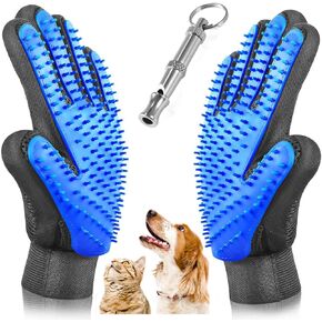 Pet Grooming Glove - Gentle Deshedding Brush Glove - Efficient Pet Hair Remover Mitt - Massage Tool Enhanced Five Finger Design - Perfect for Dogs & Cats with Long & Short Fur with Training Whistle