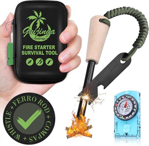 Flint and Steel Fire Starter Kit, Outdoor Flint Fire Starter, Multifunctional Ferro Rod Fire Starter, with Compass, Whistle, Tinder Rope, Suitable for Camping, Emergencies in Kuwait