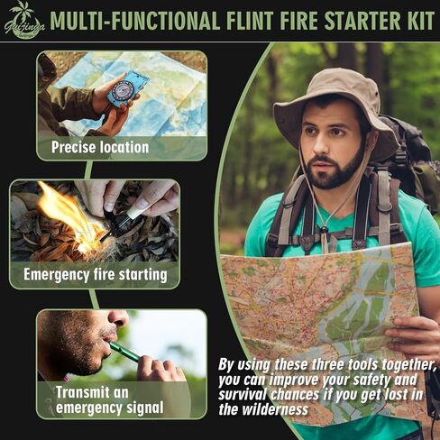 Flint and Steel Fire Starter Kit, Outdoor Flint Fire Starter, Multifunctional Ferro Rod Fire Starter, with Compass, Whistle, Tinder Rope, Suitable for Camping, Emergencies in Kuwait