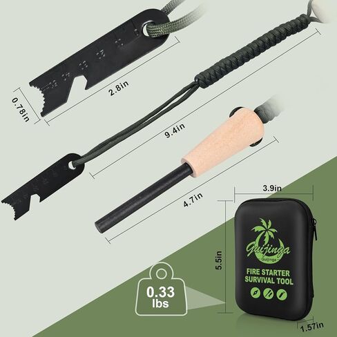 Flint and Steel Fire Starter Kit, Outdoor Flint Fire Starter, Multifunctional Ferro Rod Fire Starter, with Compass, Whistle, Tinder Rope, Suitable for Camping, Emergencies in Kuwait