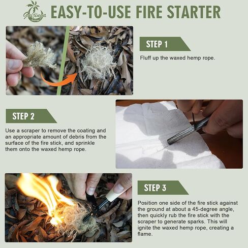 Flint and Steel Fire Starter Kit, Outdoor Flint Fire Starter, Multifunctional Ferro Rod Fire Starter, with Compass, Whistle, Tinder Rope, Suitable for Camping, Emergencies in Kuwait