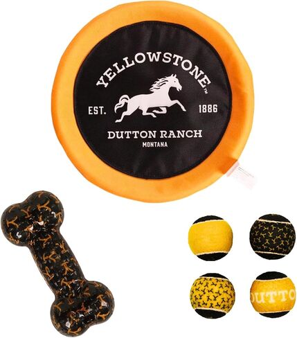 Yellowstone Official Merchandise Outdoor Toys for Dogs - Bundle Gift Set | 4 Squeaky Dog Balls for Fetch, Frisbee Disc, and Durable Chew Bone for Dogs in Saudi Arabia