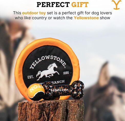 Yellowstone Official Merchandise Outdoor Toys for Dogs - Bundle Gift Set | 4 Squeaky Dog Balls for Fetch, Frisbee Disc, and Durable Chew Bone for Dogs in Saudi Arabia
