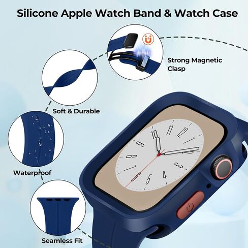 Magnetic Silicone Band and Bumper Case for Apple Watch Women Men 45mm 44mm 42mm 41mm 40mm Soft Waterproof Cover Compatible wtih Apple Watch Series 9 8 7 6 5 4 3 2 1 SE SE2 iWatch in Saudi Arabia