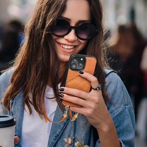 Compatible for iPhone 16 Pro Case,Genuine Leather Crossbody Wallet Case with Card Holder,Phone Purs Case with Credit Cardr Slots and Removable Shoulder Strap 6.3 in-Brown in Saudi Arabia