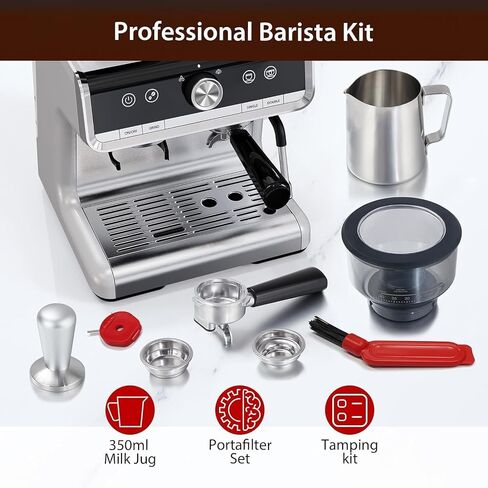 Semi-Automatic Espresso Machine - 1450W/20 Bar Professional Coffee Machine, 30 Grinder Settings, Fast Heating, Milk Frother Steam Wand, Home & Hotel Use, silver gray in Saudi Arabia