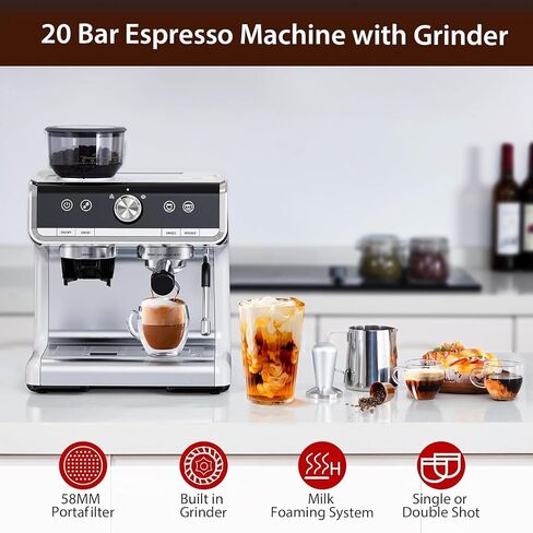 Semi-Automatic Espresso Machine - 1450W/20 Bar Professional Coffee Machine, 30 Grinder Settings, Fast Heating, Milk Frother Steam Wand, Home & Hotel Use, silver gray in Saudi Arabia