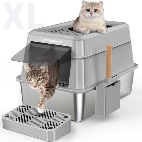 URPOWER Stainless Steel Cat Litter Box with Lid Extra Large Enclosed Litter Box for Cat Non-Sticky Metal Litter Pan High Sided Kitty Litter Box with Scoop，Front & Top Entry, Anti-Leakage，Easy Cleaning in Saudi Arabia