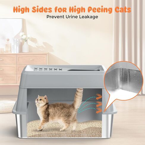 URPOWER Stainless Steel Cat Litter Box with Lid Extra Large Enclosed Litter Box for Cat Non-Sticky Metal Litter Pan High Sided Kitty Litter Box with Scoop，Front & Top Entry, Anti-Leakage，Easy Cleaning in Saudi Arabia