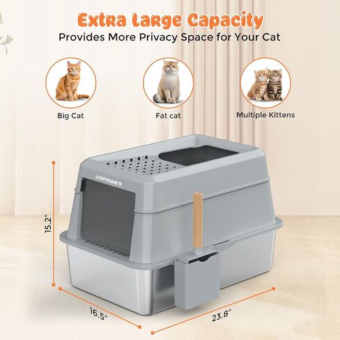 URPOWER Stainless Steel Cat Litter Box with Lid Extra Large Enclosed Litter Box for Cat Non-Sticky Metal Litter Pan High Sided Kitty Litter Box with Scoop，Front & Top Entry, Anti-Leakage，Easy Cleaning in Saudi Arabia