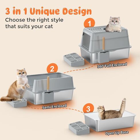 URPOWER Stainless Steel Cat Litter Box with Lid Extra Large Enclosed Litter Box for Cat Non-Sticky Metal Litter Pan High Sided Kitty Litter Box with Scoop，Front & Top Entry, Anti-Leakage，Easy Cleaning in Saudi Arabia