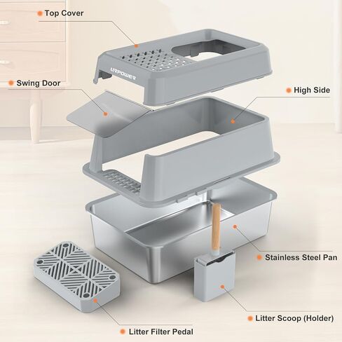 URPOWER Stainless Steel Cat Litter Box with Lid Extra Large Enclosed Litter Box for Cat Non-Sticky Metal Litter Pan High Sided Kitty Litter Box with Scoop，Front & Top Entry, Anti-Leakage，Easy Cleaning in Saudi Arabia