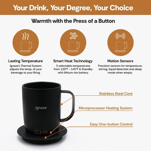 Temperature Controlled Self Heating Smart Mug - ThermoTech Led Status Display with 70 Min Lithium Rechargeable Battery Life, 5 Heated Temp Control Settings, Auto/Off Coffee Cup (Black - 11oz) in Saudi Arabia