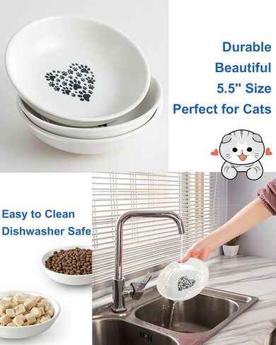 وعاء طعام لطيف للقطط مناسب للقطط، وعاء سيراميك للقطط، أطباق ضحلة للقطط مقاس 5.5 بوصة للطعام، أوعية مسطحة للقطط الداخلية، أطباق واسعة للقطط للأغذية الرطبة in Kuwait
