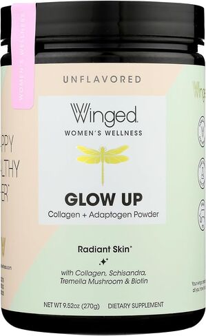 Winged Glow Up Collagen Powder | Better Hair, Skin, Nails for Women | Grass Fed Collagen Peptides w/Adaptogen Schisandra, Snow Mushroom, Vitamin C & Biotin | Unflavored (Single Serving), Non GMO in Saudi Arabia