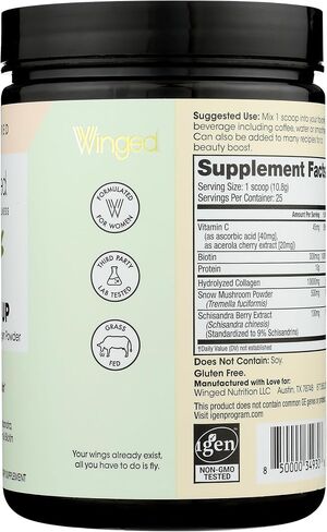Winged Glow Up Collagen Powder | Better Hair, Skin, Nails for Women | Grass Fed Collagen Peptides w/Adaptogen Schisandra, Snow Mushroom, Vitamin C & Biotin | Unflavored (Single Serving), Non GMO in Saudi Arabia
