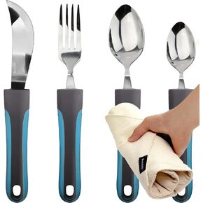BUNMO Adaptive Utensils - Weighted Knives Forks and Spoons Silverware Set for Elderly People Disability Parkinsons Arthritis Aid Handicapped Hand Muscle Weakness Large Grip Built Up Utensils