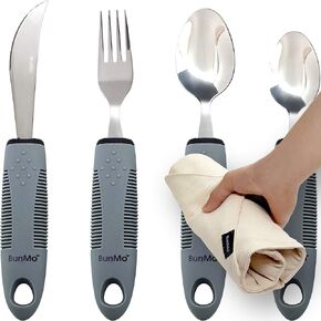 BUNMO Adaptive Utensils - Weighted Knives Forks and Spoons Silverware Set for Elderly People Disability Parkinsons Arthritis Aid Handicapped Hand Muscle Weakness Large Grip Built Up Utensils