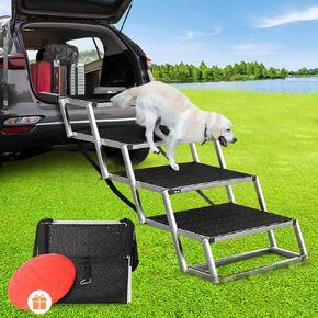 Dog Car Ramp for Large Dogs, Aluminum Foldable Dog Steps for Large Dog，Lightweight Dog Stairs for Cars SUV, High Beds & Trucks