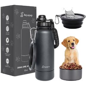Portable Dog Water Bottle & Bowl- Stainless Steel, Scratch Resistant, Detachable Storage, 32 oz, Leak Proof, Double Vacuum Insulation- Good for Pets Outdoor Walking, Hiking, Travel, Food