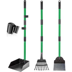 Dog Pooper Scooper Tray Shovel & Rake Kit, Heavy Duty Dog Poop Scooper with Adjustable Metal Long Handle, Portable Large Dog Poop Picker Upper with 10 Waste Bag for Yard, Walks, Grass & Garden Leaves