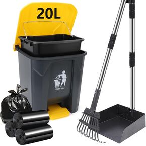 Dog Pooper Scooper, 20L Large Dog Poop Trash Can Outside with Removable Inner Bucket, Dog Poop Trash Can for Outdoors with 90 Waste Bags, 37inch Long Handle Stainless Metal Tray & Rake