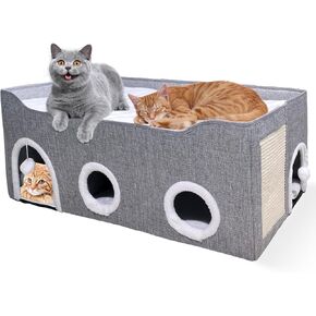 Cat Houses for Indoor Cats-Large Collapsible Large Cat Bed with Fluff Ball and 2 Caves,Cat Hideout with Canopy,Semi-Enclosed Cat Bed Cat House Covered Cat Bed for Multi Small Pet Large Kitty