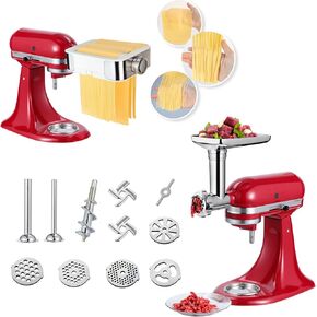 Meat Grinder & Pasta Maker Attachment for ALL Kitchenaid Stand Mixers,Kitchen Aid Mixer Accessories Includes Metal Meat Grinder with Sausage Stuffer Tubesand and Pasta Maker Attachment 3 in 1 Set