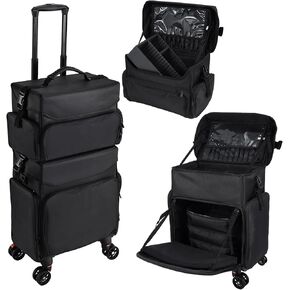 Professional Rolling Makeup Case, Stagiant Soft Sided Make up Train Case, Travel Organizer Portable with Wheel for Makeup Artist Cosmetology Nail Technician Hair Stylist Supplies, 2 In 1 Nylon Black