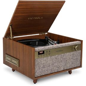 Victrola Century 6-in-1 Vinyl Record Player & Music Center - 3-Speed Turntable, CD & Cassette Player, VINYLSTREAM, Bluetooth & 3.5mm Aux, Record Player with Speakers, Mid Century Design, Walnut