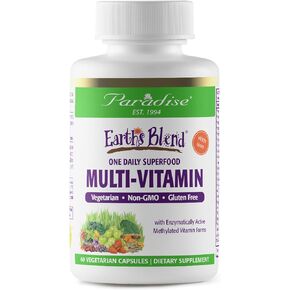 Paradise Earth's Blend Multivitamin, No Iron, One Daily Superfood, Stress & Energy Adaptogens, Probiotics for Gut Health, Immune Boosting Mushrooms, Non-GMO, Gluten Free, 60 Vegetarian Capsules