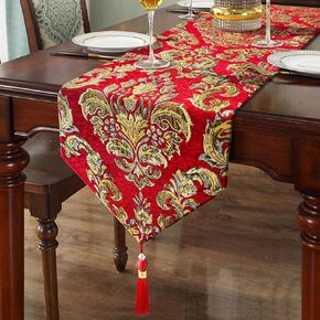 Elegant Floral Chenille Gold Jacquard Table Runner Advanced Caramel-Color with Tassels (60-inches)