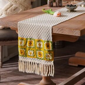SUTAVIA Natural Cotton Lace Table Runner Black Floral Embroidery Beige Macrame Tassel Boho Table Runners Farmhouse Decor for Home Dining Table Holiday Party (Yellow Beige, 12"x48")