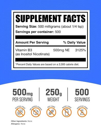 BULKSUPPLEMENTS.COM مسحوق النياسين - مكمل فيتامين ب3، النياسين 500 مجم - مسحوق نياسين فلوش، النياسين مع التنظيف - خالي من الغلوتين، 500 مجم من فيتامين ب3 نياسين لكل وجبة، 250 جم (8.8 أونصة) in Kuwait